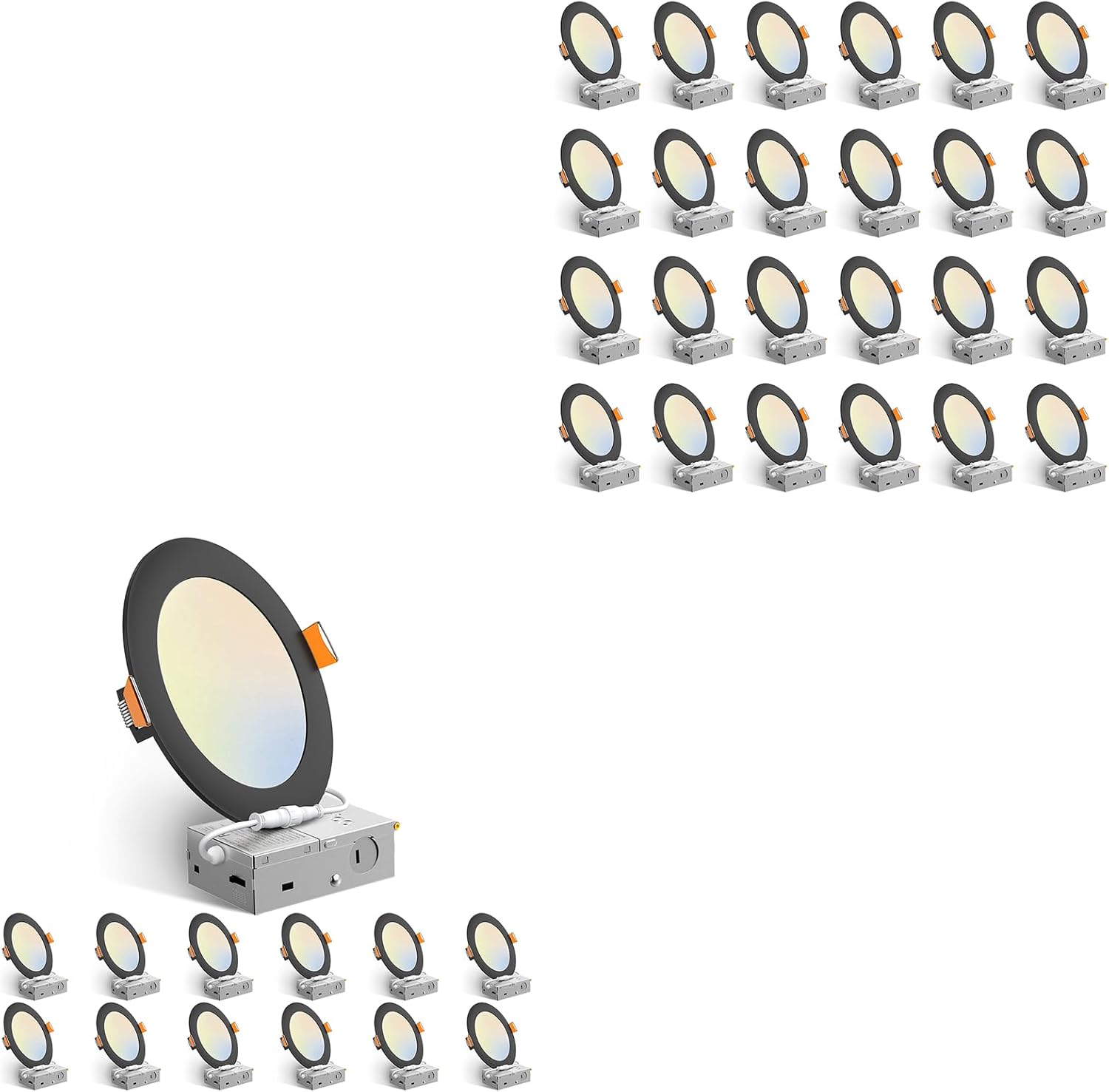 Amico 24 Pack 6 Inch & 12 Pack 6 Inch Black 5CCT Ultra-Thin LED Recessed Ceiling Light with J-Box, 2700K/3000K/3500K/4000K/5000K Selectable, Dimmable Canless Downlight, 1050LM High Brightness