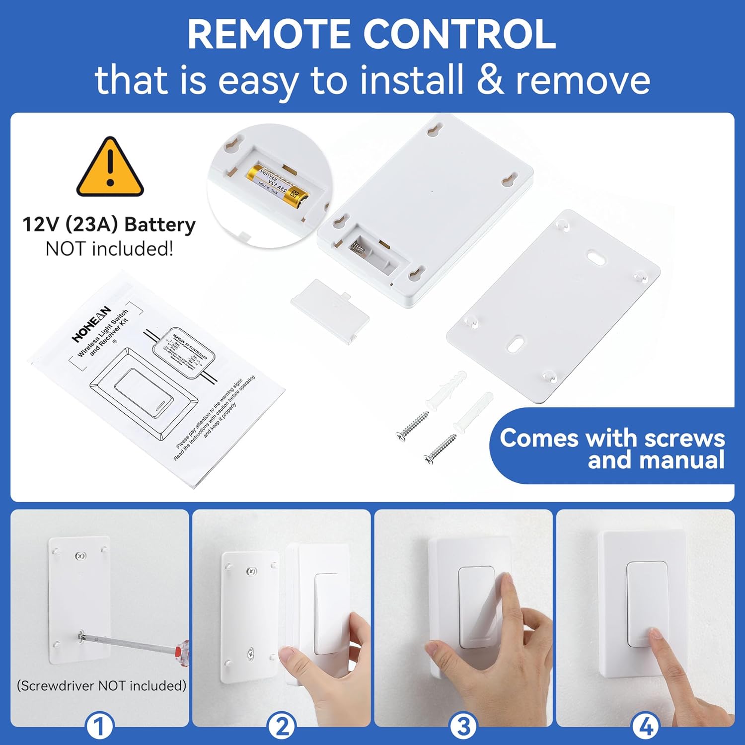 Hohean Wireless Light Switch and Receiver Kit, No in Wall Wiring Required, Remote Control Wall Switch Lighting Fixture for Ceiling Lights, Fans, 100 Ft RF Range, Programmable (1 Pack)