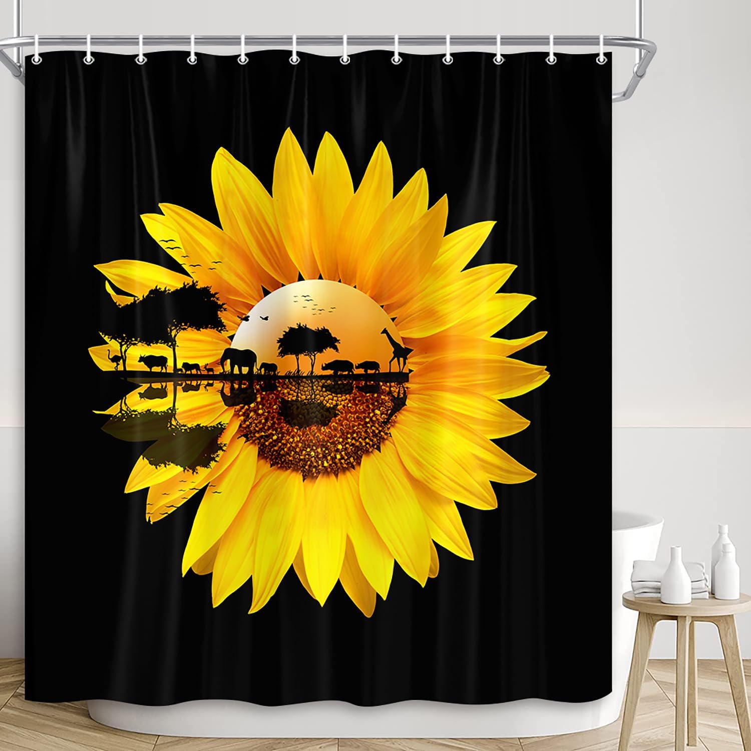 4 Pcs Shower Curtain Set Sunflowers Wooden Board Vintage Vibrant Vivid Yellow 72