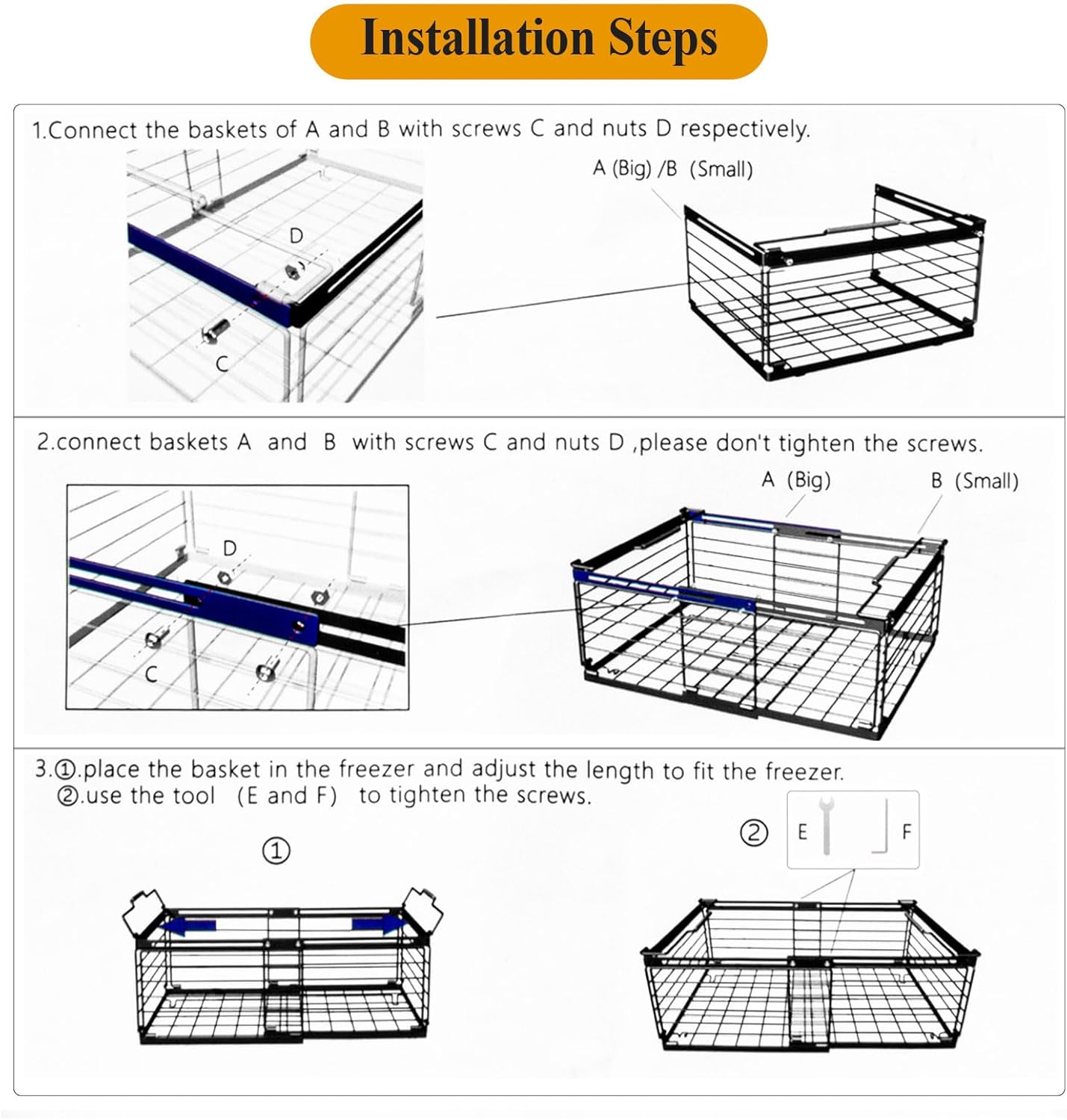 Freezer Organizer Bins, 2 Pack Stackable Deep Freezer Organizer Bins, Large Expandable Chest Freezer Containers with Handle, Metal Adjustable Storage Baskets for Kitchen, Pantry (Black)