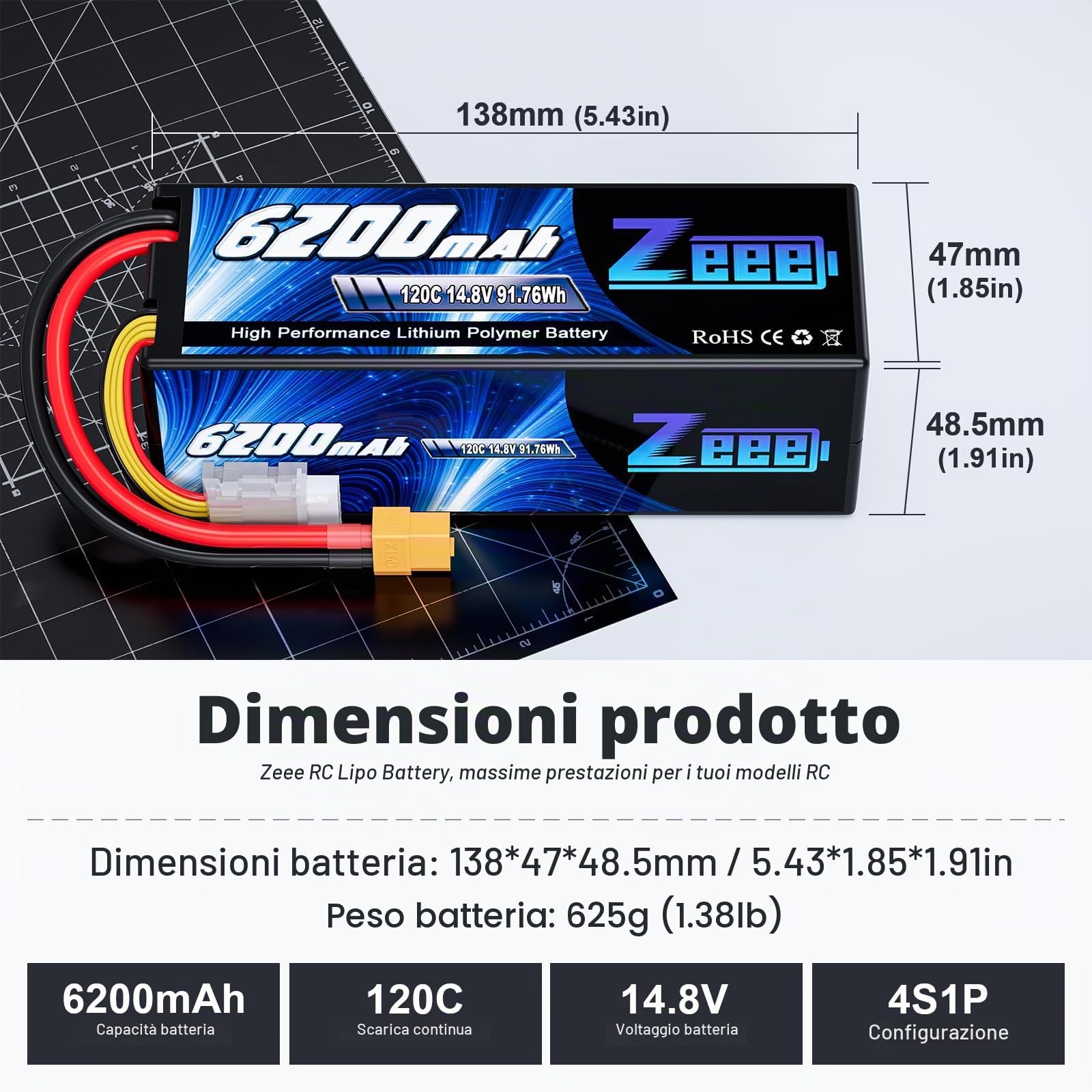Zeee 4S Lipo 14,8V 120C 6200mAh Batteria RC con connettore XT60 (2 pezzi) | Batteria RC per auto RC, camion, carro armato, buggy, truggy