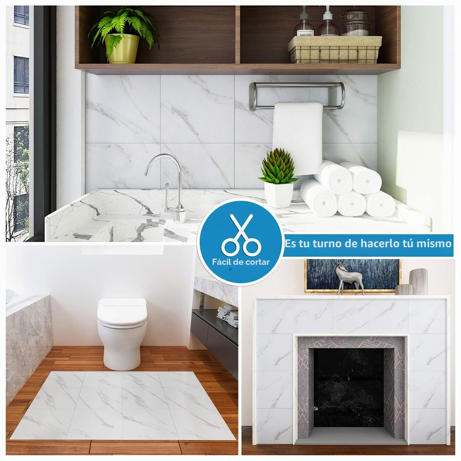 VEELIKE suelo vinilo autoadhesivo patrón de piedra blanca autoadhesivo azulejos adhesivos para suelo impermeable suelo de mármol cocina baño decoración renovación del hogar 30 cm x 30 cm 24 piezas