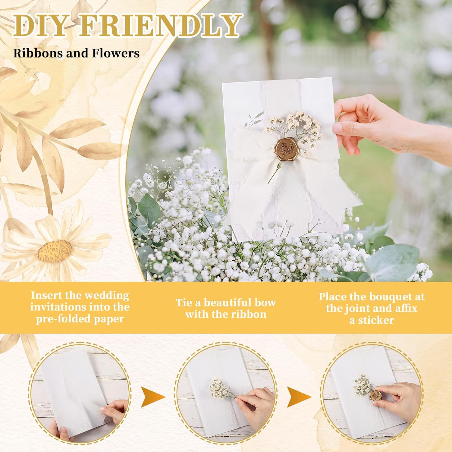 Fuyoooo 50 Set Wedding Invitations Wraps Set Pre Folded Vellum Jackets for 5 x 7 Invitations Self Adhesive Wax Seal Stickers Dried Baby's Breath Chiffon Silk Ribbon for Craft DIY (Wildflower Style)