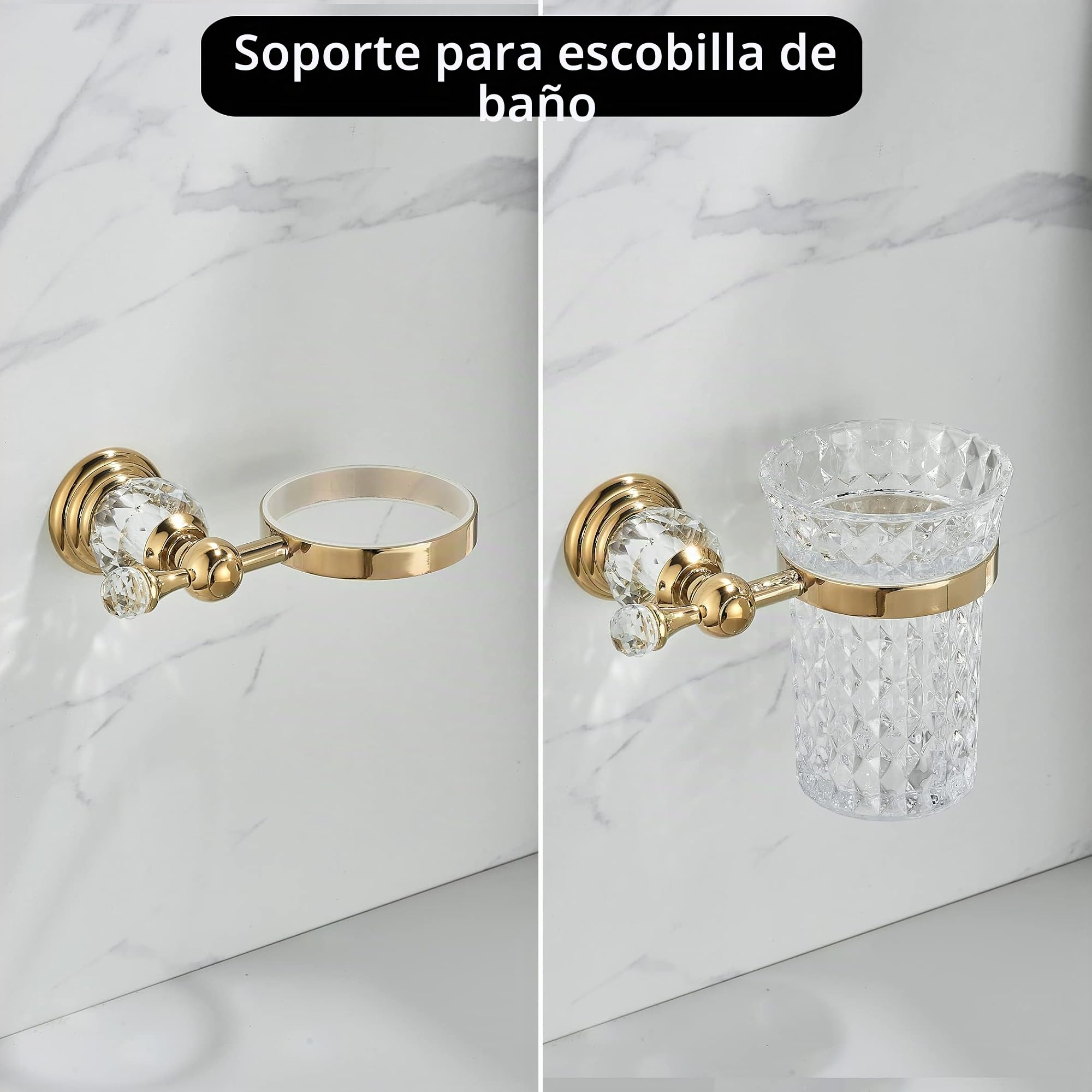 WOLIBEER Soporte para escobilla de Inodoro de Cristal, Mango de Cepillo Dorado Pulido con Cabezal de Cepillo reemplazable, Juego de Limpieza de baño de Acero Inoxidable montado en la Pared