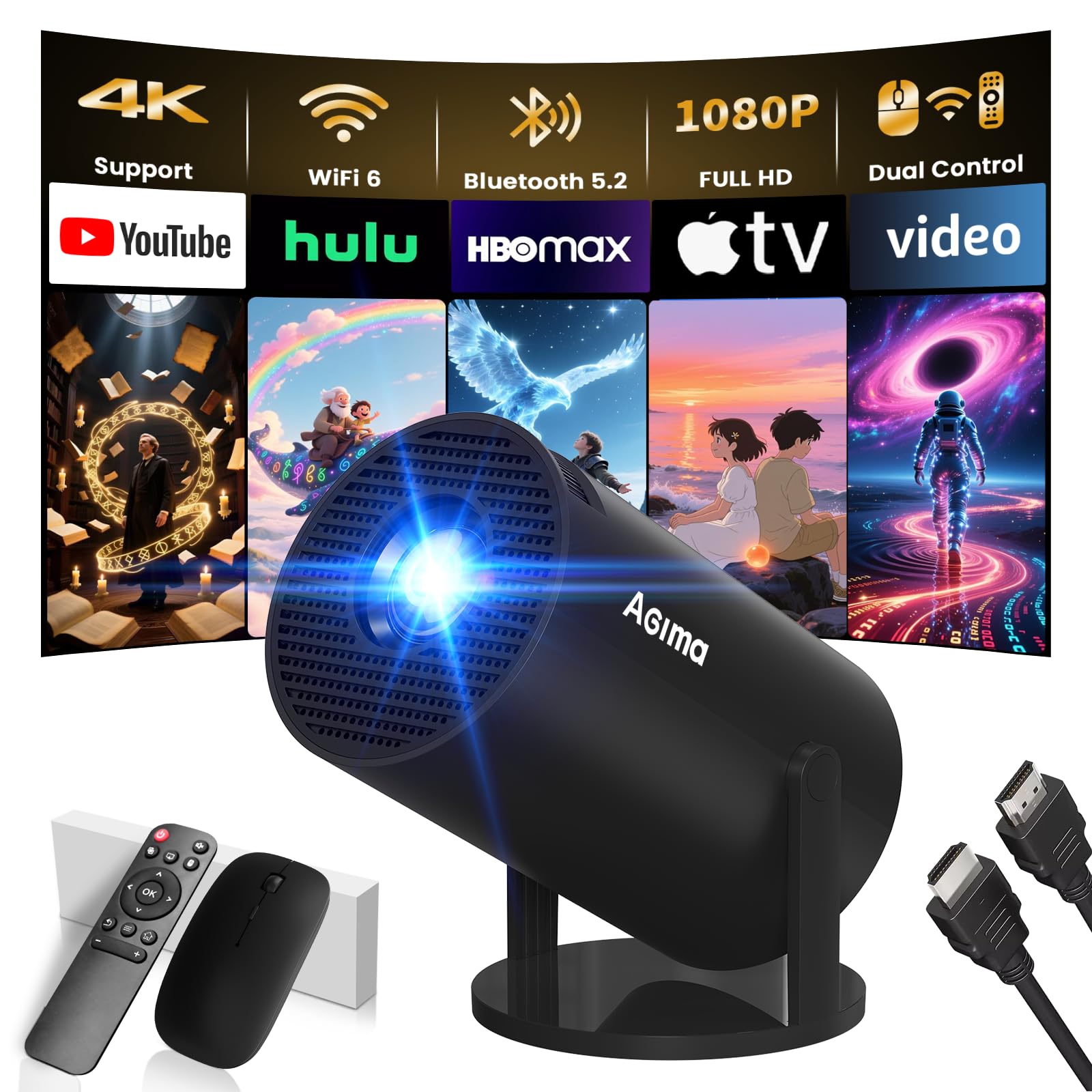[App Integrada] Mini Proyector 2025 Upgraded Proyector Portátil, Dual Control con Ratón Android TV WiFi 6 BT5.2 180° Rotation Compatible con HDMI/TV Stick/USB/Laptop, con Ratón, Negro
