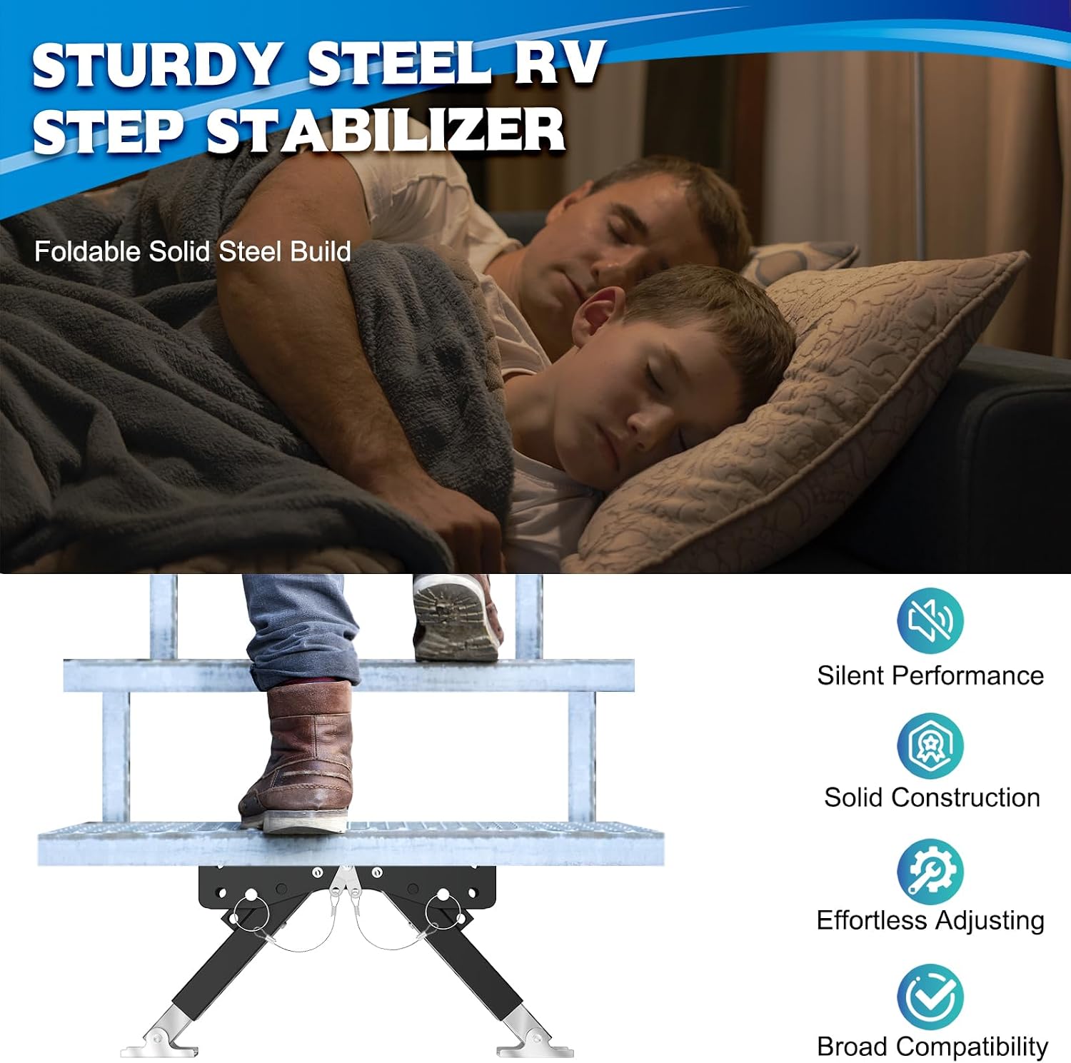 RV Step Stabilizer Foldable Height Adjustable Camper Step Stabilizer Universal Fit Prevents Bouncing RV Step Support Works with Travel Trailers, 5th Wheels, & Motorhomes