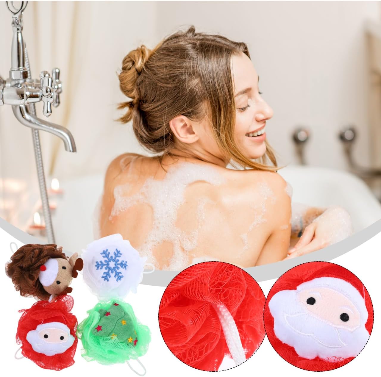 POPETPOP 4 Pcs Christmas Exfoliating Loofah Bath Balls, Creative Christmas Style Body Scrubber, Santa Claus Shower Sponge, Body Scrubber Exfoliator for Kids Women Gentle Cleansing