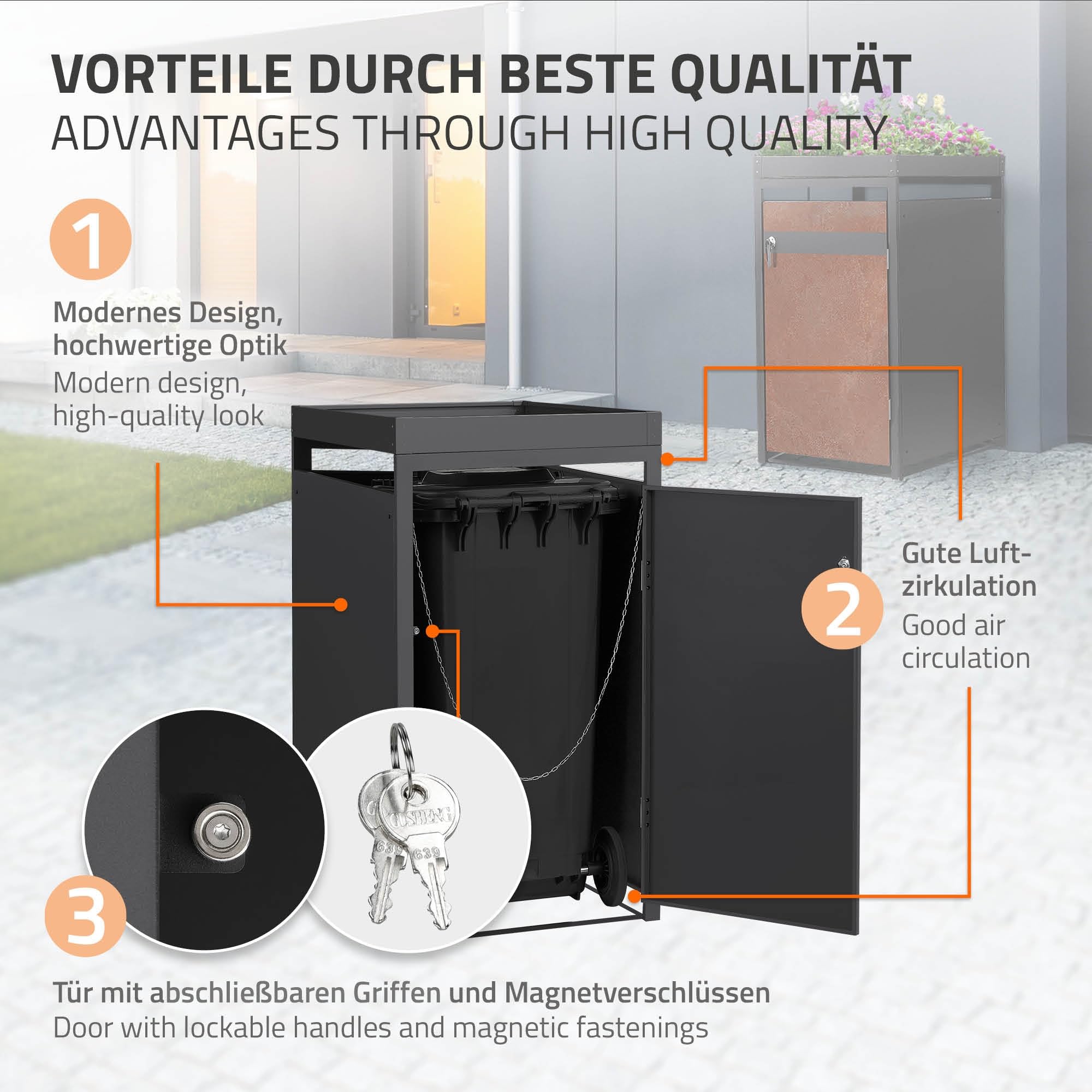 ML-Design Mülltonnenbox 1er 240L mit Pflanzdach, Mülltonnenverkleidung für 1 Mülltonne, Müllbox wetterfest, Mülltonnenhaus aus Stahl, Müllcontainer, abschließbare Tür, 68x80x124 cm Anthrazit-Rostoptik