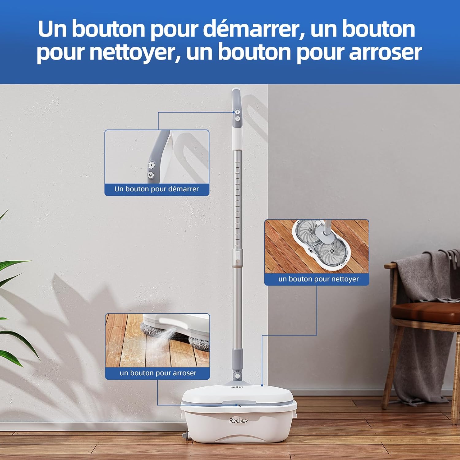 Diagram showing the location of the start, clean, and spray buttons on the Redkey M1 mop