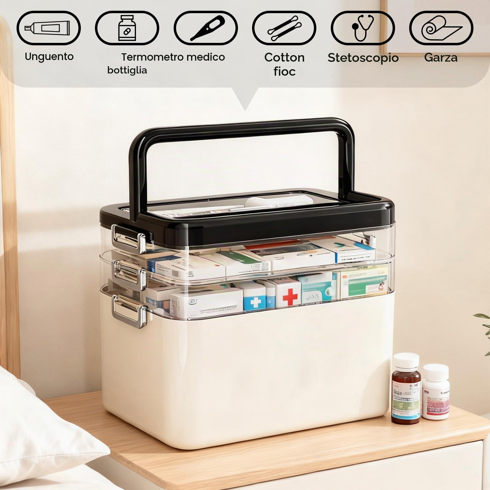 LIROPAU Contenitore per medicinali a 3 ripiani, in plastica, con manico e scomparto rimovibile, organizer multifunzione per medicinali, per casa, ufficio, scuola, 31,5 x 21,5 x 29 cm