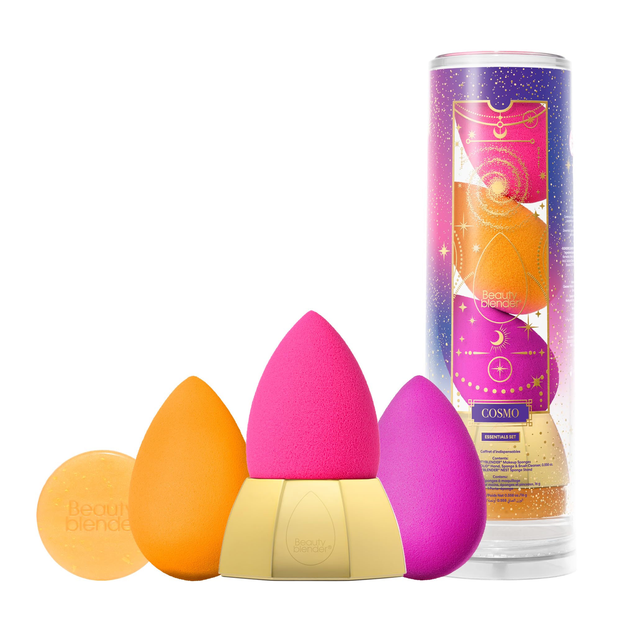 Beautyblender® Cosmo Beauty Blender - Juego de 5 piezas esenciales - 3 esponjas de maquillaje, 1 esponja y limpiador de pinceles, soporte nido, aplicación profesional, vegano y libre de crueldad,
