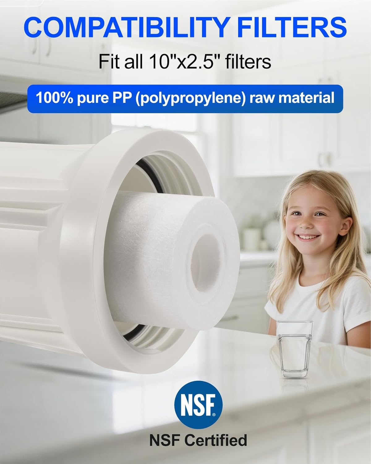 Under Sink Water Filtration System, NSF Certified Single Stage 10 x 2.5 Inch PP Water Sediment Filter 1/2" FNPT Inlet/Outlet BPA-Free Lead-Free