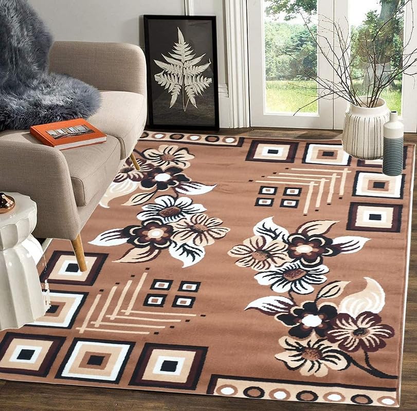 Image of Floral Design Acrylic Polyester Carpet for Living Room 5X7 Feet Color Gold(150X210Cm), Large Rectangle