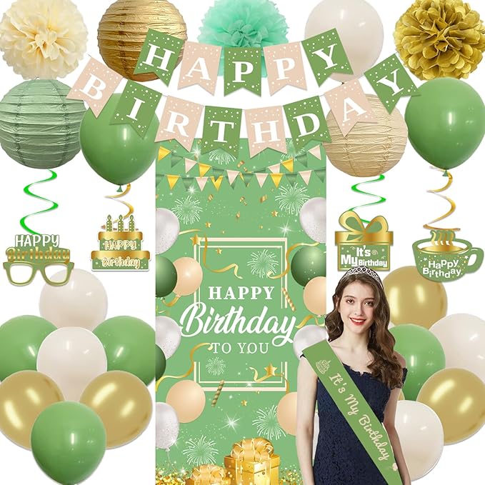 Sage Green & Gold Birthday Decorations - Balloons, Banner & Pompoms Set