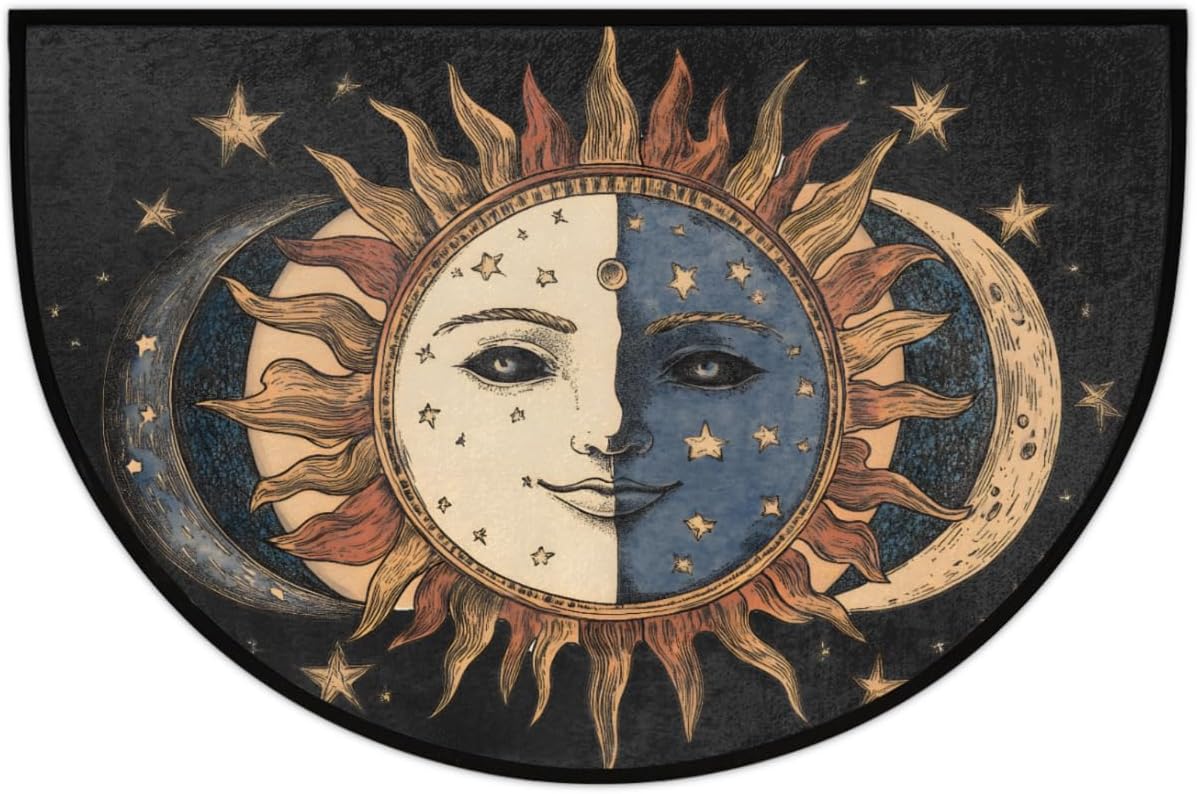 Pardick Boho Sun Moon Half Round Door Mat, Non-Slip Welcome Indoor Entrance Way Rug Semi Circle Front Doormats Washable Bathroom Kitchen Floor Mat, Outdoor Rugs for Garage, Patio, Hearth Rug