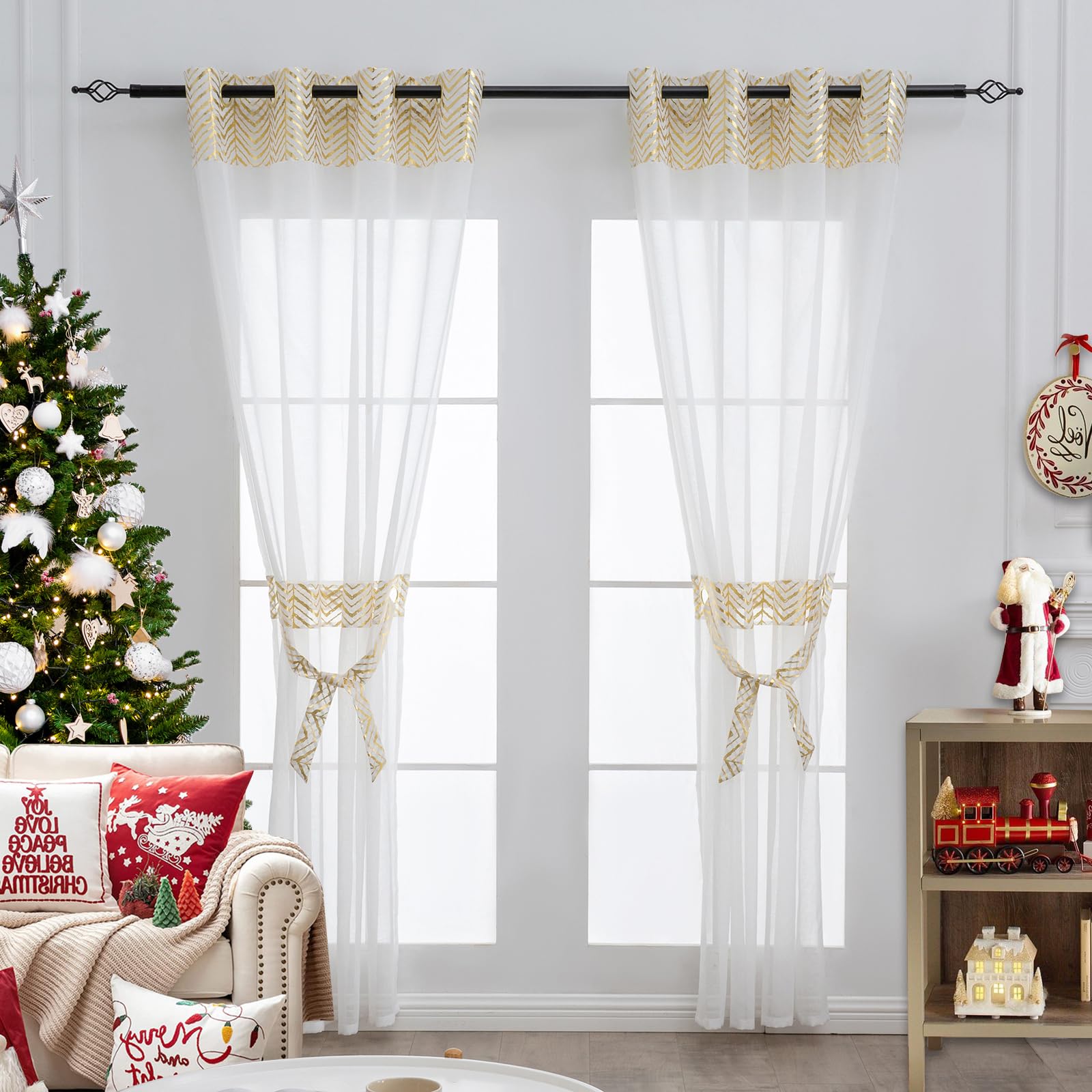 Sheer Curtains 72 Inch 2 Panel Set Sheer Linen Texture White Curtains for Living Room Gold Foil Print Window Curtain with Tiebacks Grommet Top (56" W x 72" L Gold)