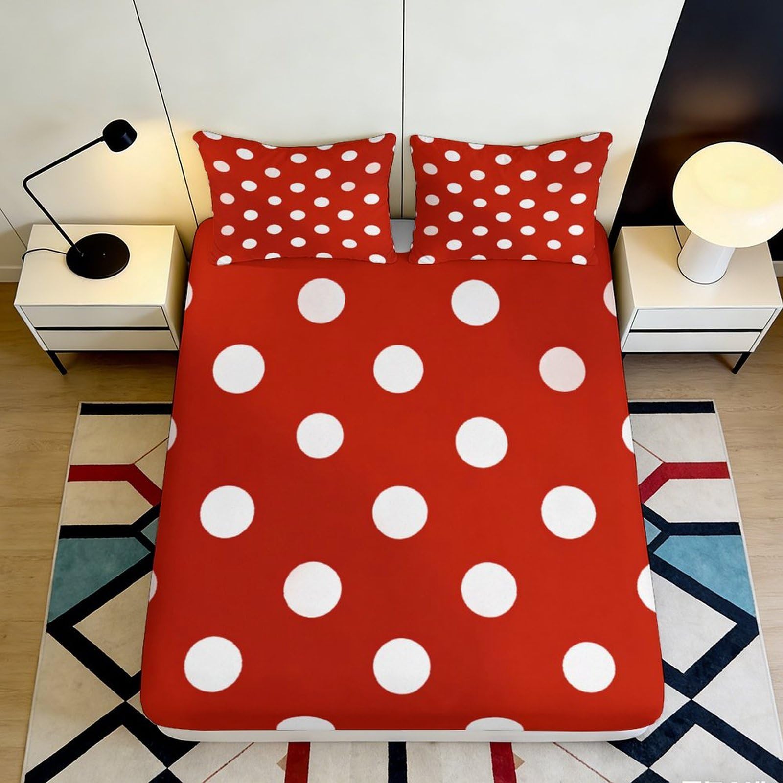 3D Printed Red Polka Dot Fitted Sheet Microfiber Soft Bedroom Decor Spot Pattern Mattress Cover for Home Dorm 90x200x25cm