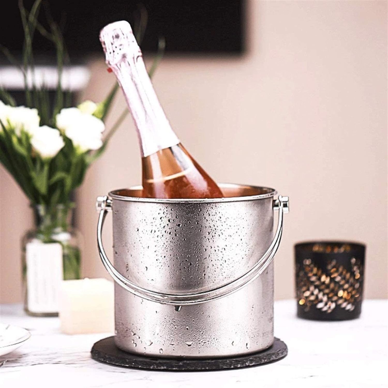 Champanera Cubo de Hielo de Acero Inoxidable para Bebidas y Fiestas, Asas de Transporte, Cubo pequeño, Botella de Vino, Enfriador de Cerveza y Vino Cubiteras