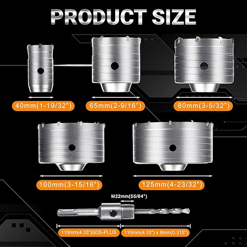 Miniatura 2 de DEHUIWI Juego de 6 piezas de sierra de agujero de hormigón SDS Plus de 5 pulgadas, brocas de martillo de vástago para ladrillo, kit de sierra de
