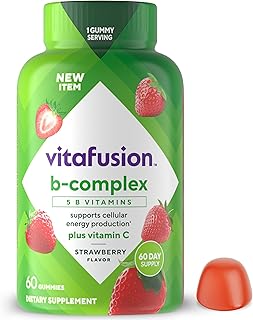 Vitafusion Suplementos dietéticos de gomitas del complejo B, con 5 vitaminas B para apoyar la producción de energía celular (1), más vitamina C, sabor a fresa, 60 unidades