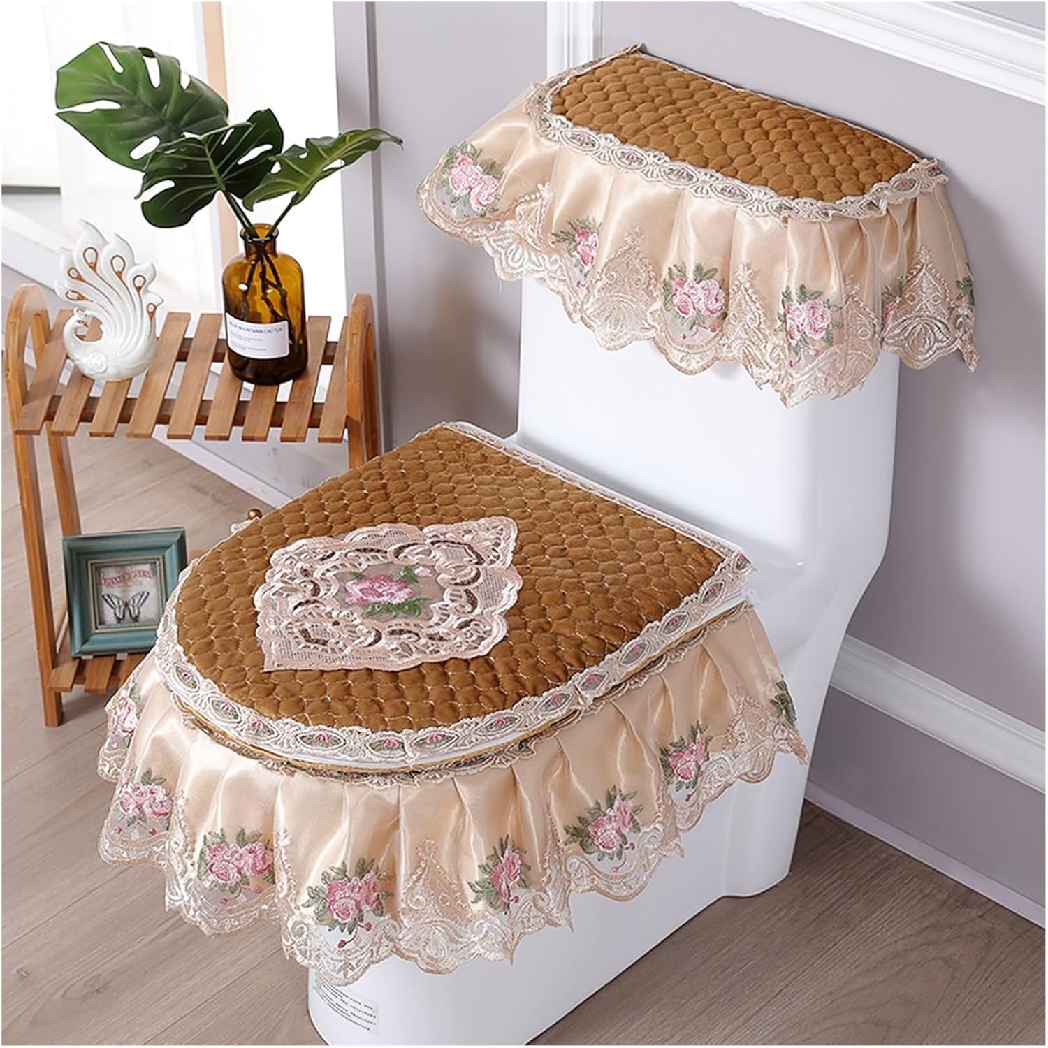 3PCS Lace Toilet Seat Lid Tank Top Cover Pads for Bathroom，Soft Italian Fleece Toilet Cover Cushion with Zipper，Double-sided Cotton Bathroom Decoration Accessories Set Washable(Purple)