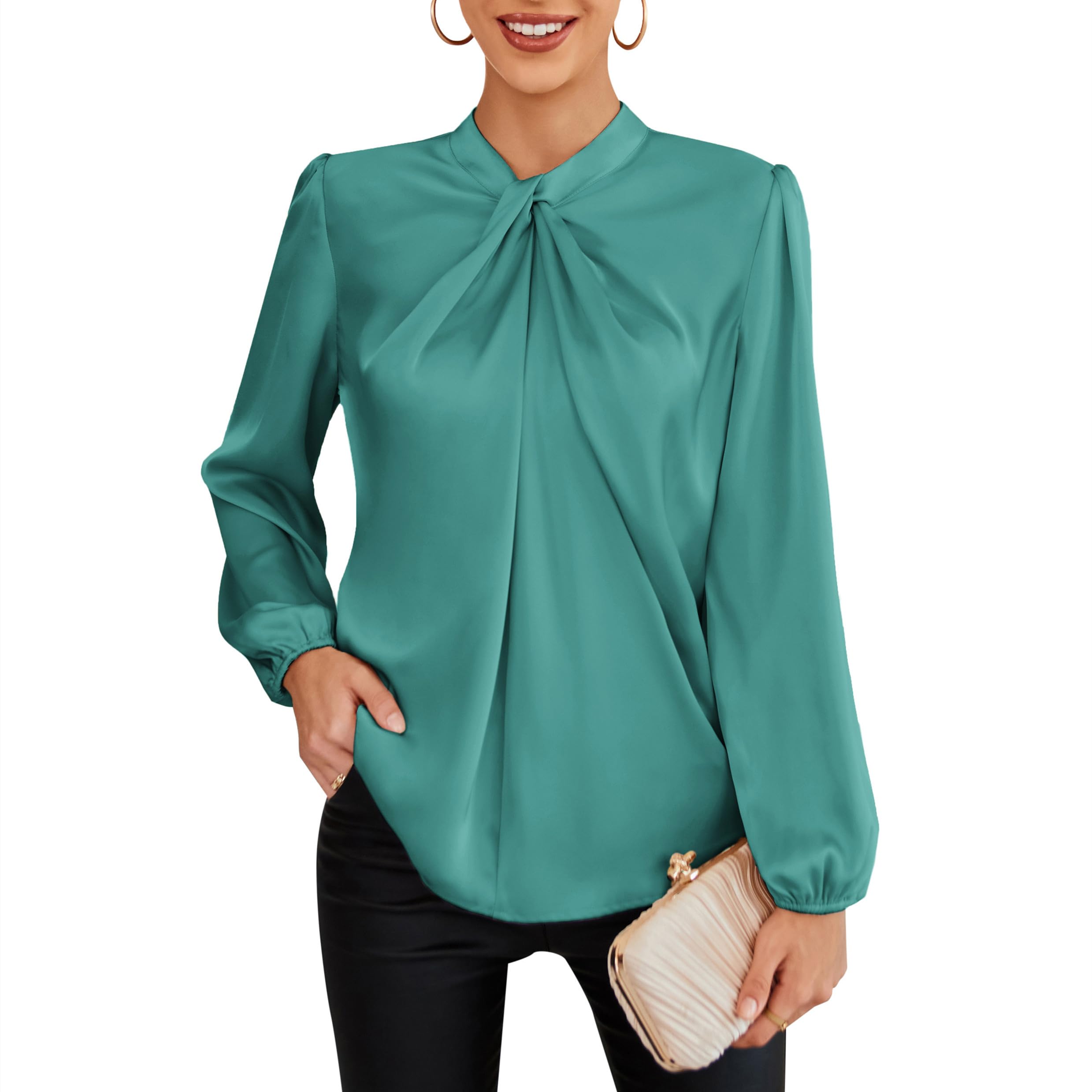 GRACE KARIN Blusa Elegante Donna Maniche Lunghe a Lanterna Tinta Unita con Scollo Rotondo da Ufficio Casual