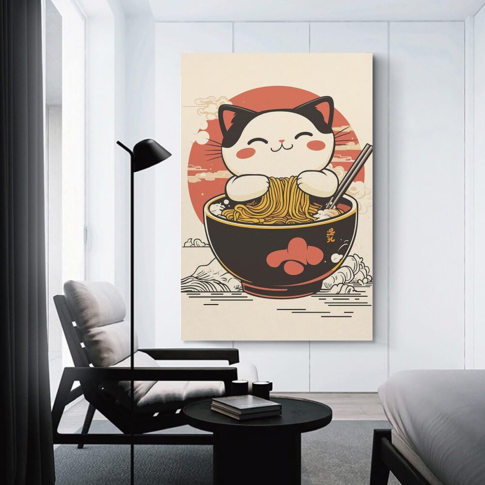 Junmoney Canvas Art Print Cat Eating Ramen, 20x30inch(50x75cm), for Office, Study Or Home Workspace, Home Office Artwork with Decorative Appeal