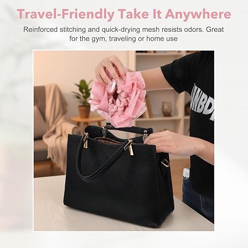 3-Pack Exfoliating Loofah Pouf & Soap Pocket(Beige+coffee+pink)