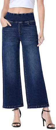 Women's Wide Leg Cropped Jeans, Pull on High Waisted Capri Pants