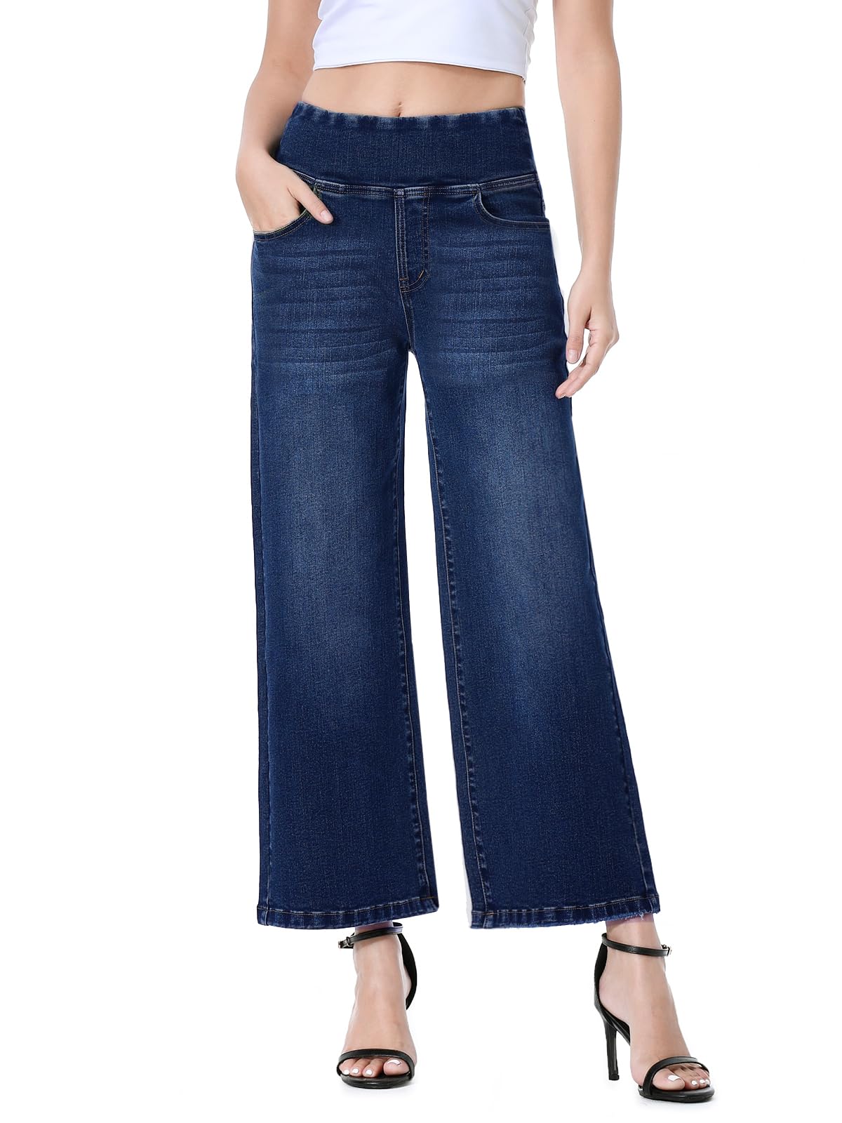 Vaqueros Mujer Elásticos, Tiro Alto con Control de Vientre, Pantalones Anchos de Pierna Recta Crop Elegantes