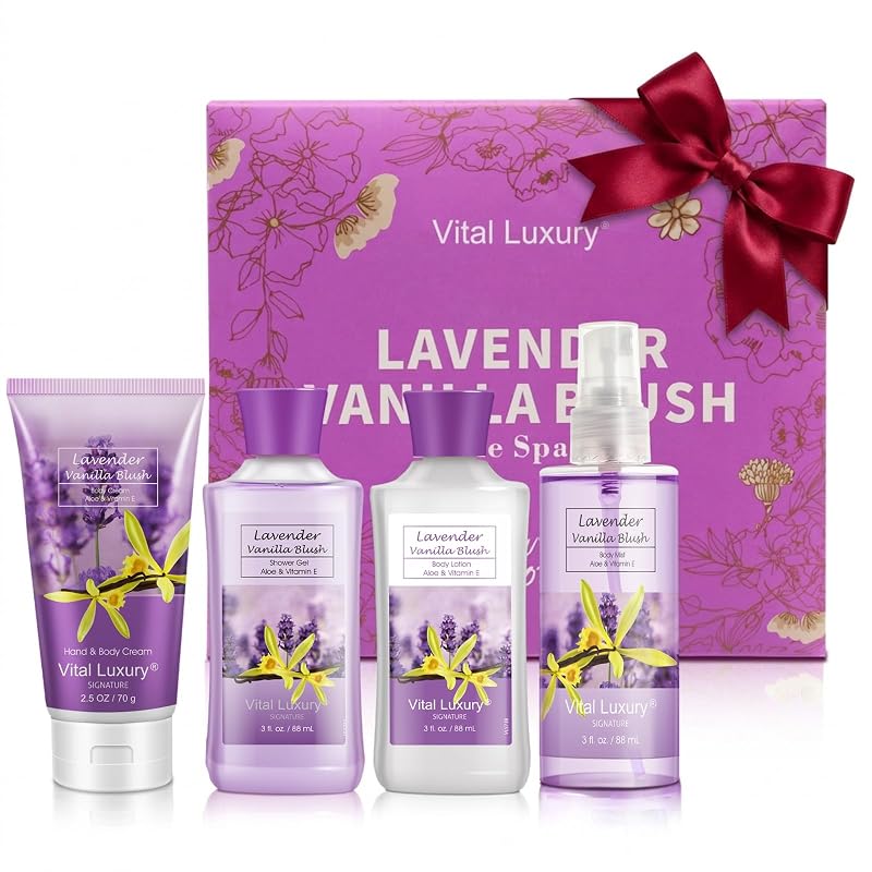 Conjunto de banho Lavender Vanilla Blush BBlove com 4 peças: gel de banho, loção corporal, creme para mãos e corpo e névoa perfumada