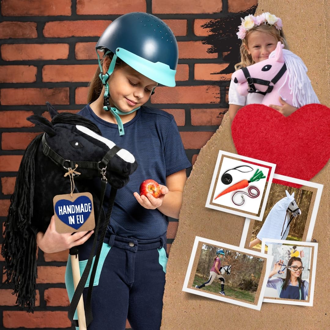 SKIPPI Hobby Horse Schwarz, A3 Steckenpferd mit Halfter und Zügeln im Set | Schwarzes Stockpferd mit Blesse und anklettbaren weißen Mähnensträhnen, Personalisierte Mähne, Hobby Horsing Pferd
