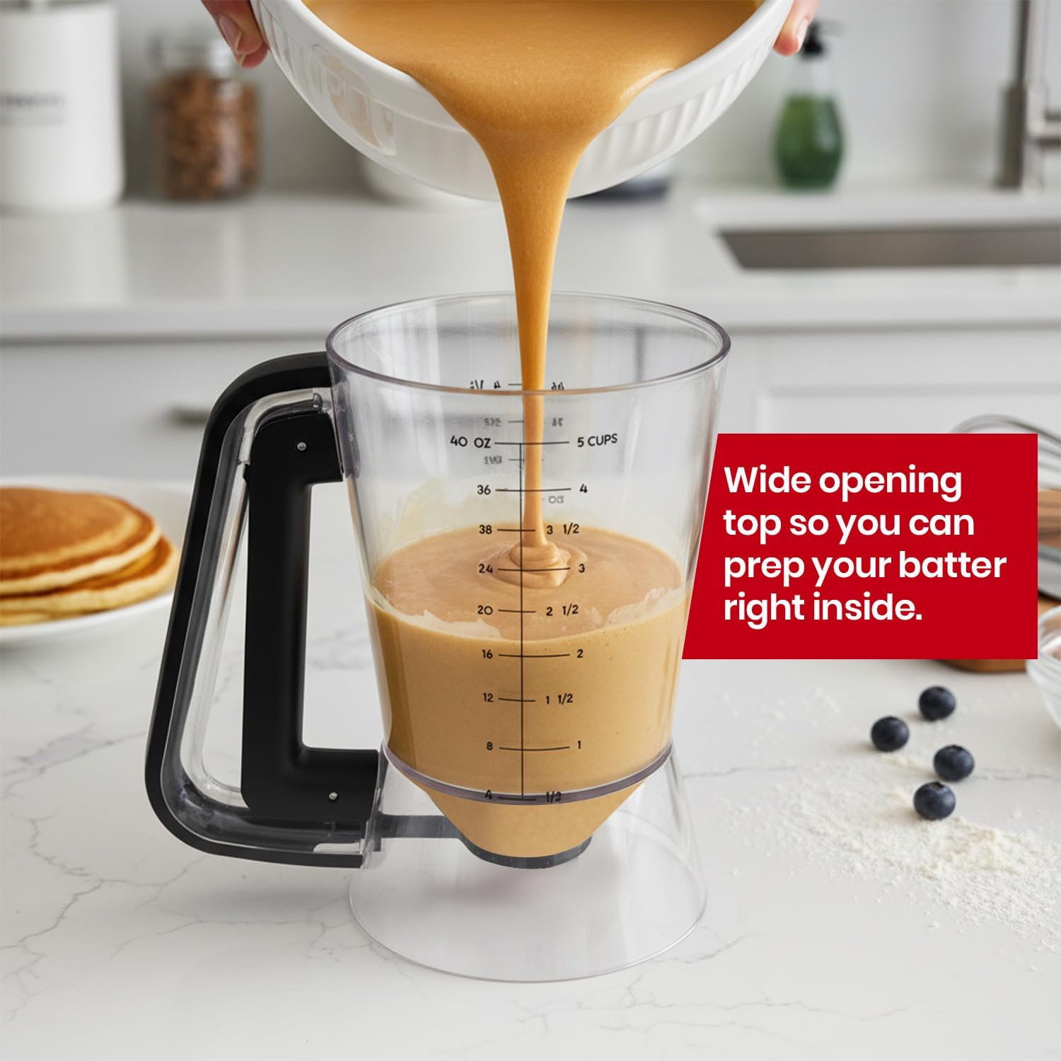 Eggssentials - Pancake Batter Dispenser with 5-Cup Capacity - Waffle Batter Dispenser for Pancakes, Cupcakes & Crepes, Easy-Squeeze Handle, Dishwasher Safe - Black Pancake Dispenser
