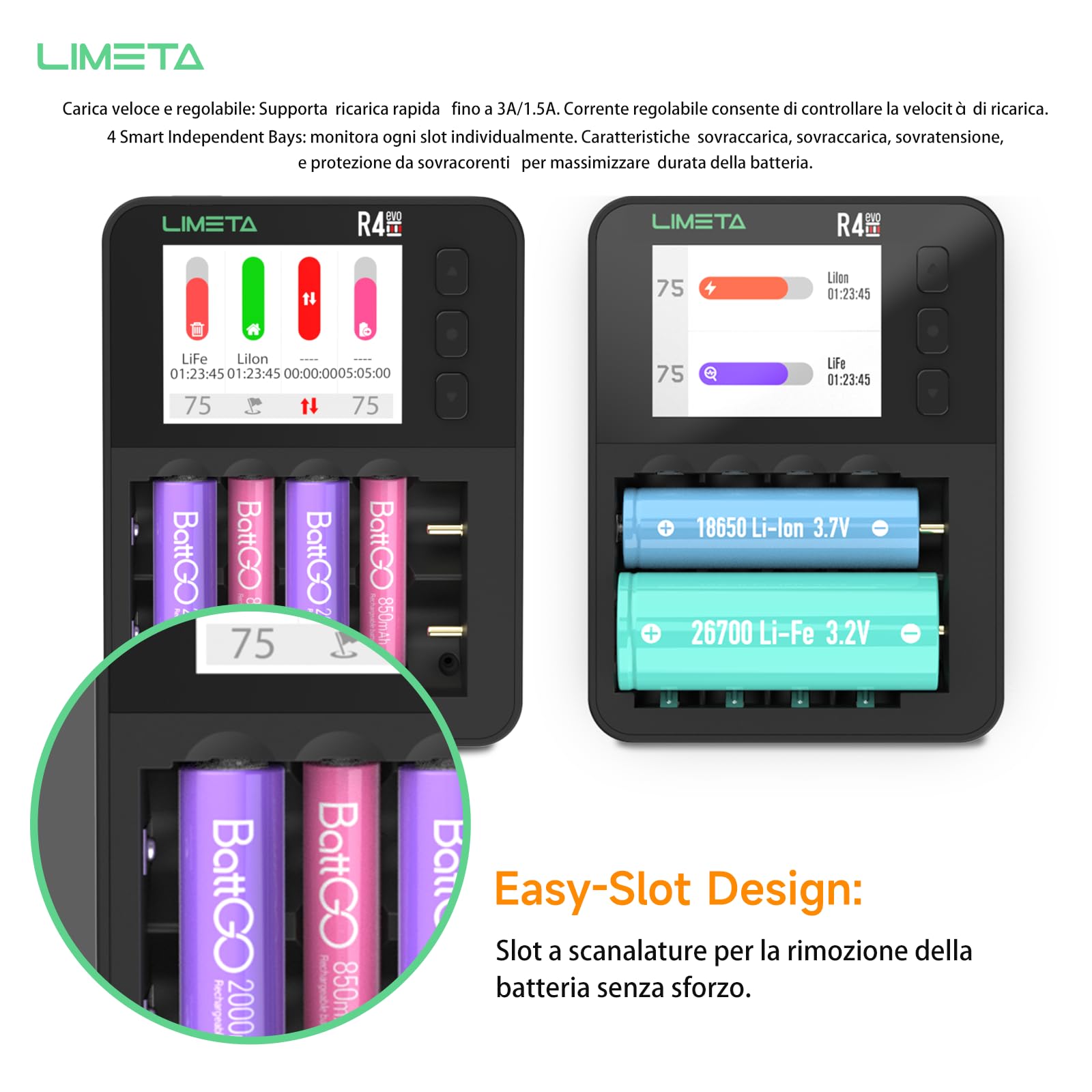 LIMETA R4EVO Carica Batterie Ricaricabili AA e AAA 18650 Ni-mh Li-ion Caricabatterie Rapido per pile Ricaricabili, Caricabatterie Intelligente con Display Funzioni di Scarica Analisi e Rigenerazione
