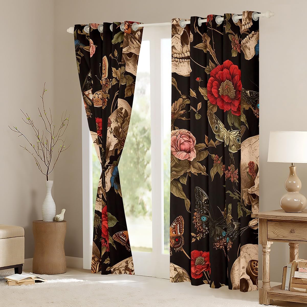 Feelyou Sugar Skull Rose 30%-50% Blackout Curtains (2 Panels, 38 x 45 Inch) Death Moth Curtains for Bedroom Living Room Gothic Skull Floral Flower Darkening Drapes Window Treatments