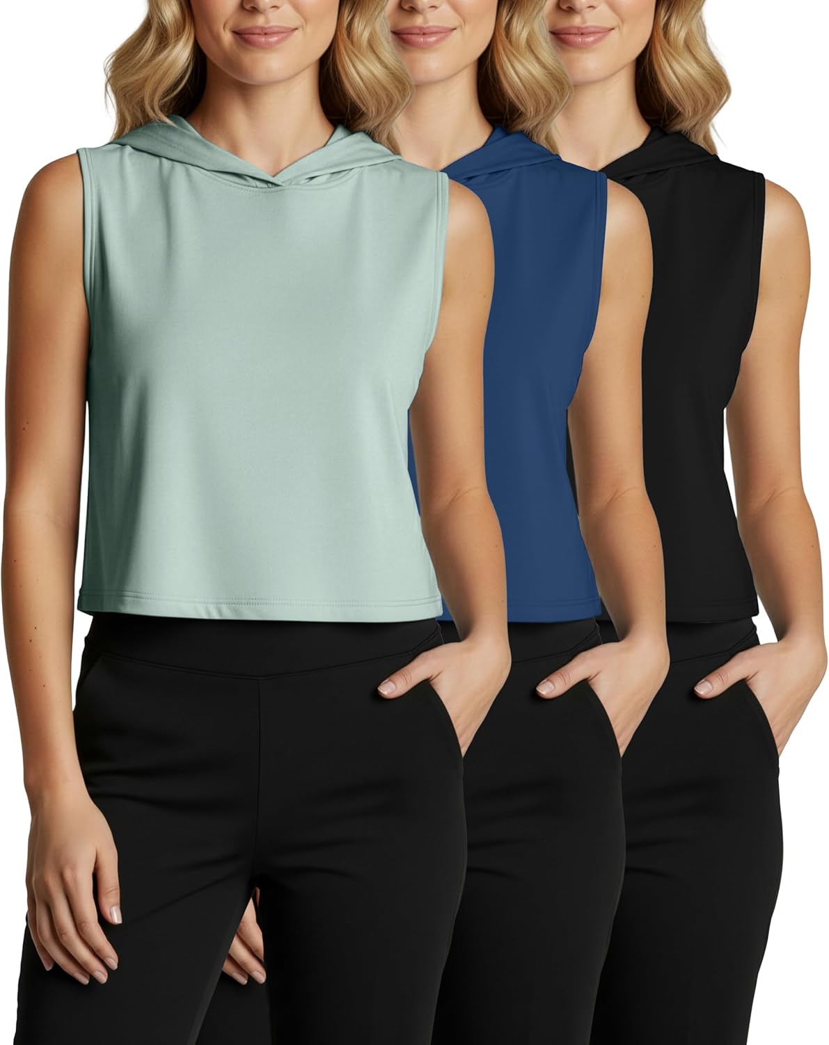 Real Essentials 3 Pack: Women's Dry-Fit Sleeveless Cropped Tank Top Hoodie - Athletic Crop Sweatshirt