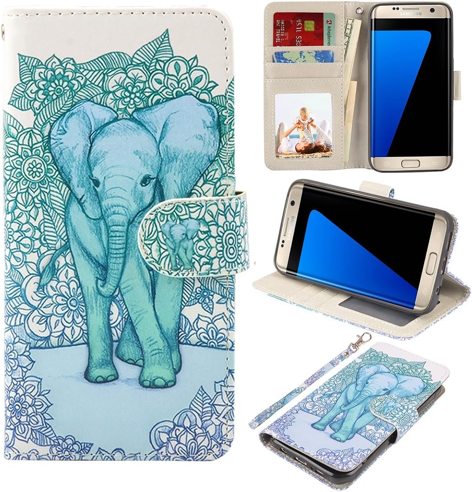 UrSpeedtekLive S7 Edge Case, Galaxy S7 Edge Wallet Case, Premium PU Leather Wristlet Flip Case Cover with Card Slots & Stand for Samsung Galaxy S7 Edge,Elephant(Official Micklyn Le Feuvre Product)