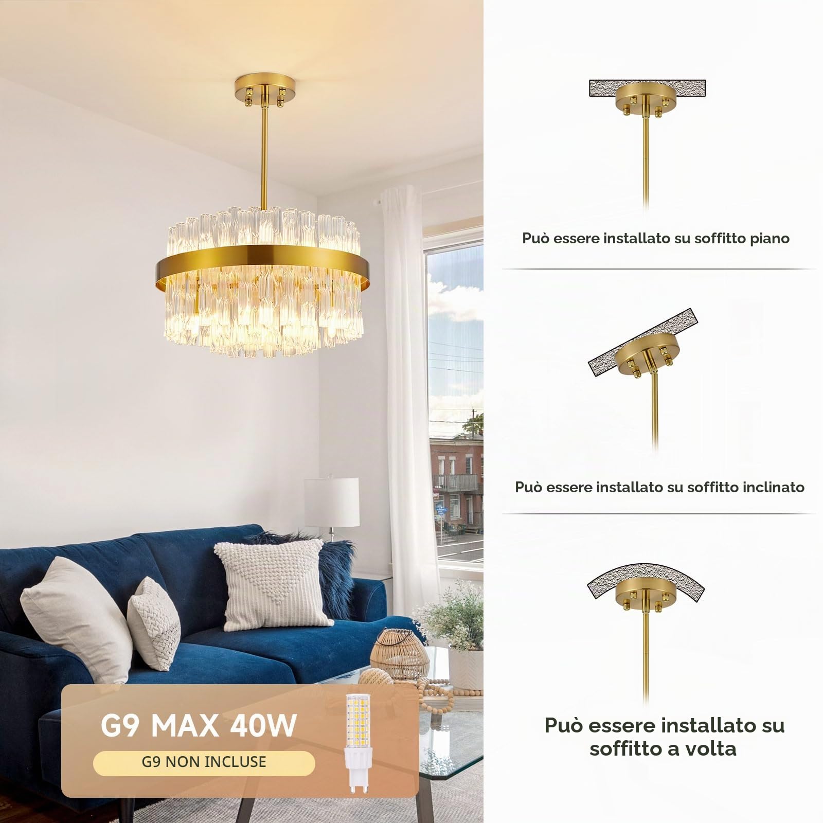 Lampadari in cristallo dorato Lampada da soffitto in cristallo Lampadari rotondi Lampada a sospensione per soggiorno, cucina, isola, tavolo da pranzo, corridoio, G9 x 8 luci 40 cm