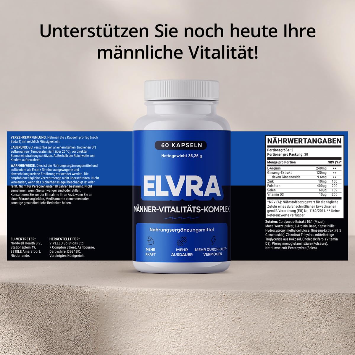Elvra Maca Kapseln hochdosiert Cordyceps L-Arginin Ginseng Zink – vegan