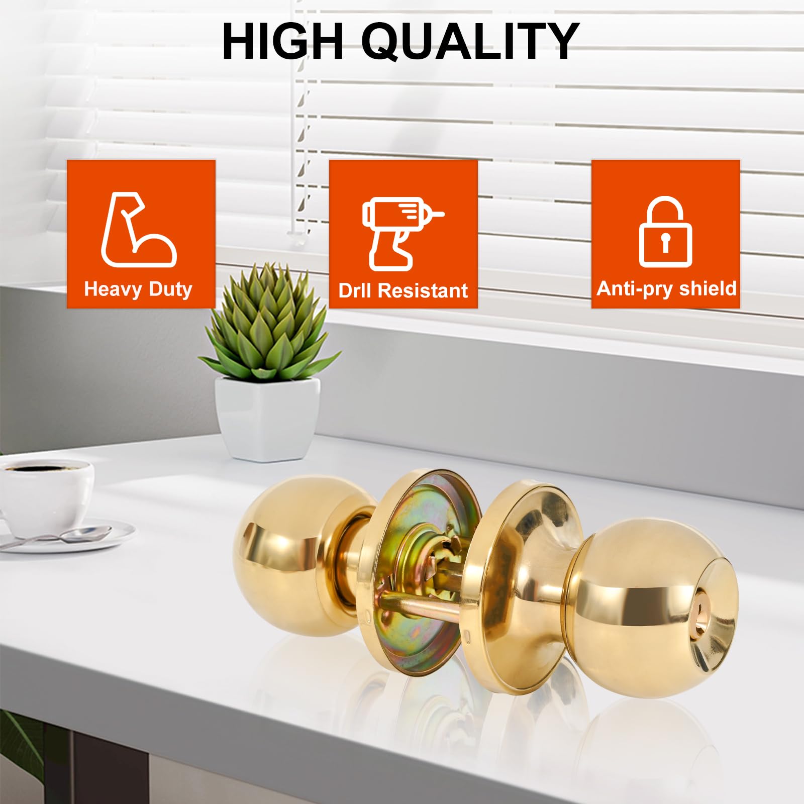 YELANGU Entrance and exit Door Knob with Key Stainless Steel Exterior Doors Knobs Round Security Front Doors Lock Set Satin Nickel 1 Pack(Golden) - Image 4