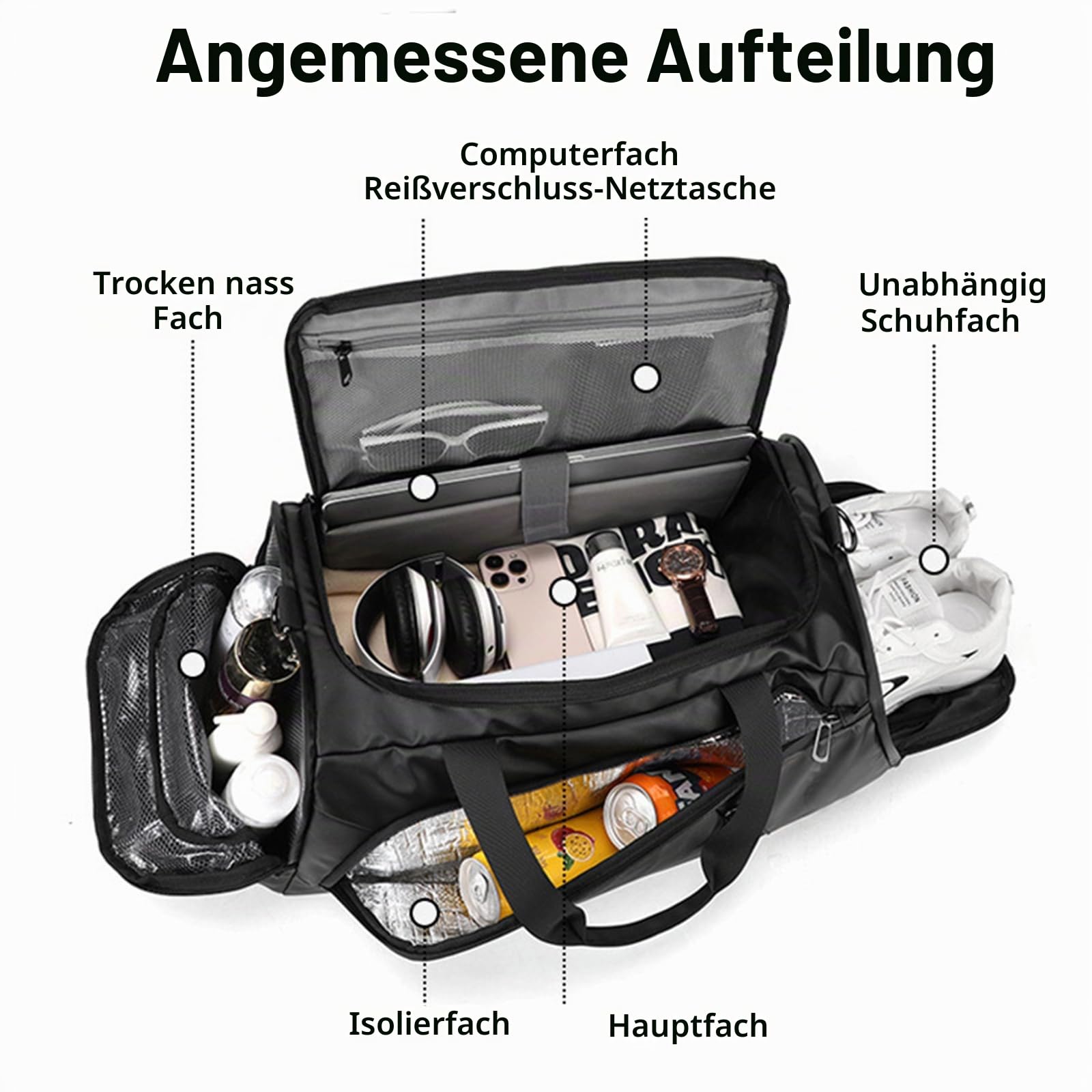 Premium Sporttasche 40L mit Schuhfach & Nassfach & Isolierschicht und Laptopfach, 3-in-1 Rucksack, Robuste & wasserdichte Duffle Bag für Weekender, Fitnessstudio, Reisen, Hochwertige Verarbeitung