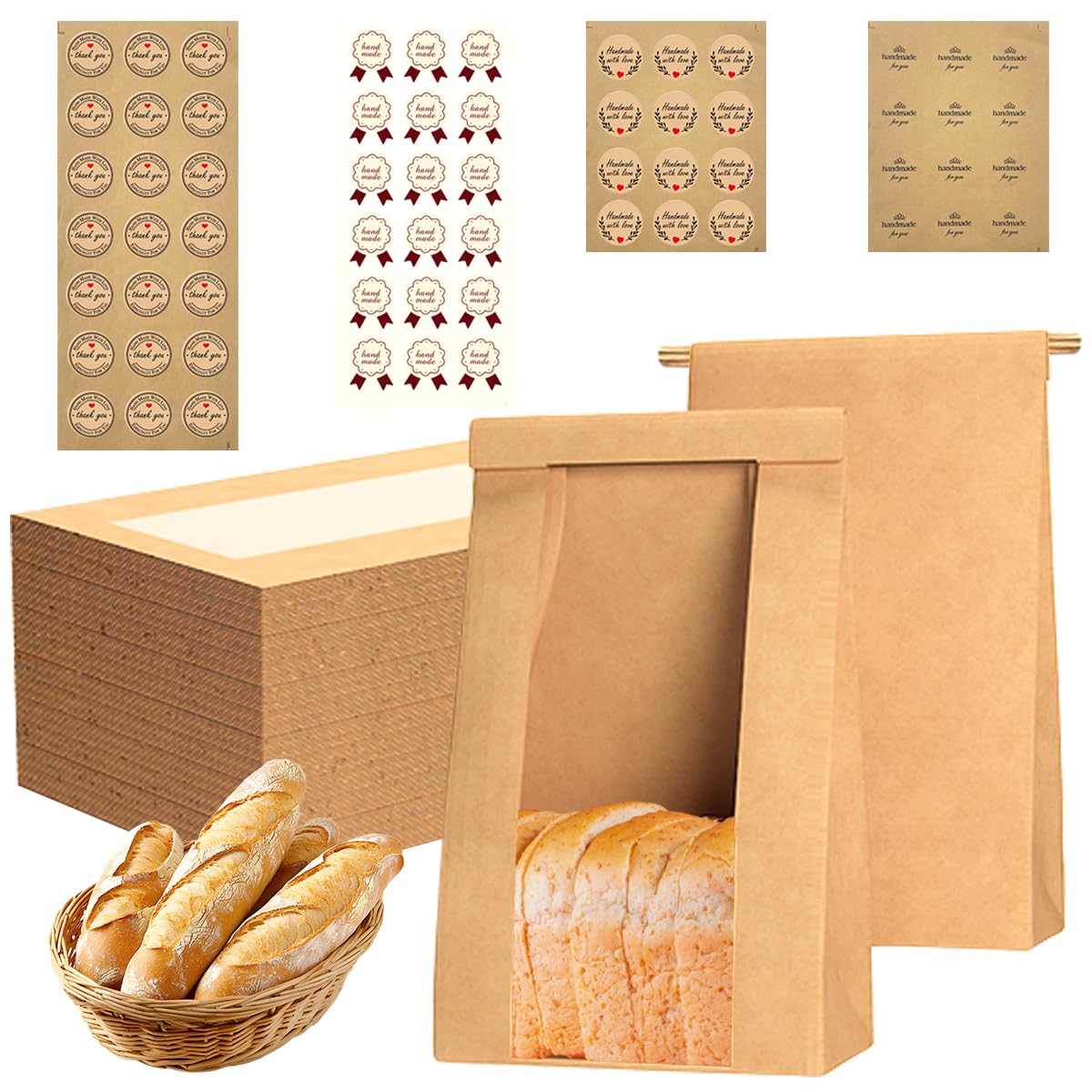Sacs à pain en papier kraft marron avec fermeture en étain et autocollants x60