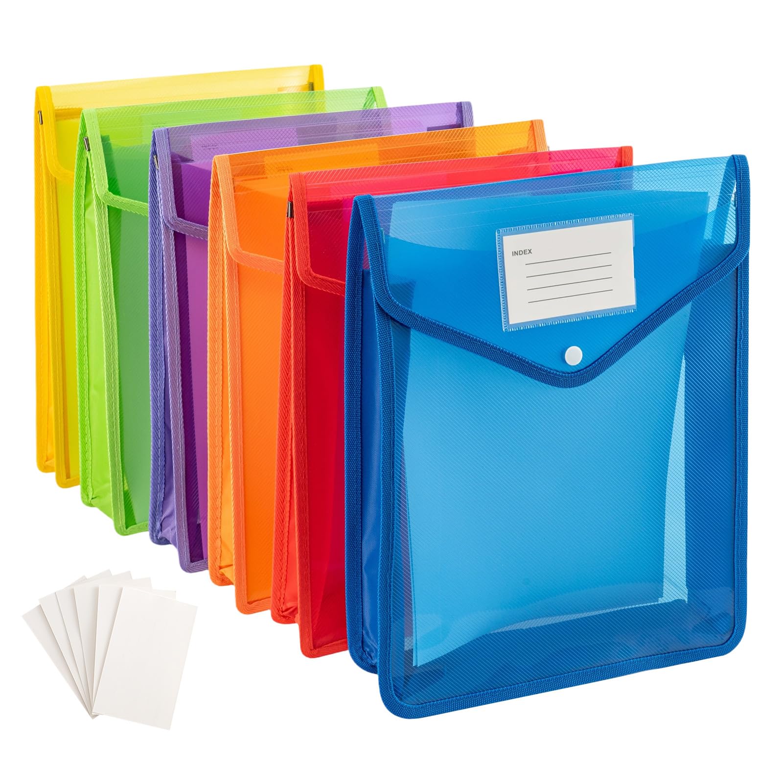 EVERGOODS 6pcs A4 Plastic Wallet 25X6X31.5CM Color Snap Button Plastic File Folders with ID Card Slot Waterproof Clear Pockets Document Folder Transparent envelopes No Dividers (Vertical Style)