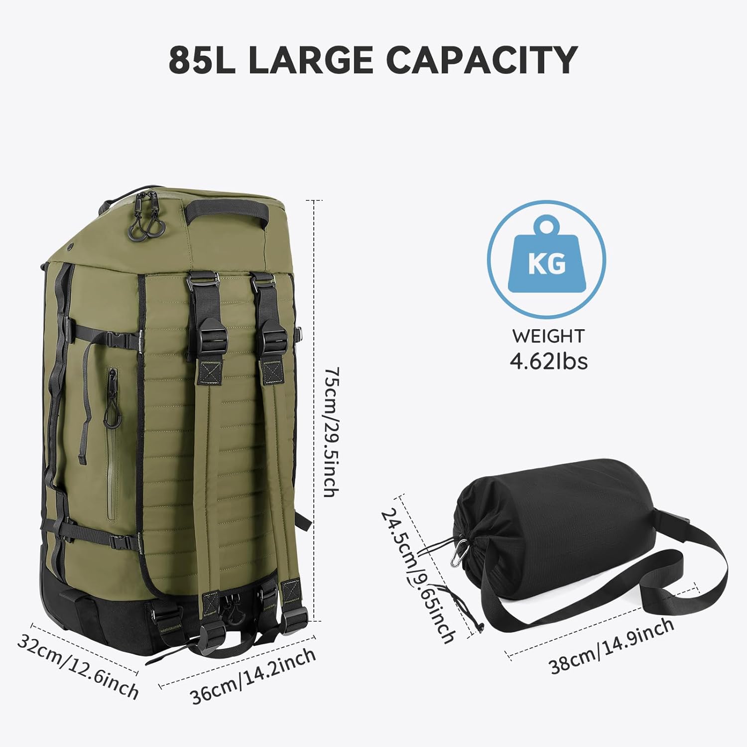 85L 29“ Foldable Rolling Backpack with Wheels, Soft-side Travel Duffle Bag with Separate Shoe Compartment, Full Quilted Bottom,Army Green - Image 4