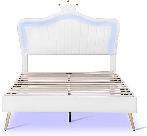 Miniatura 5 de Bonita cama de princesa tapizada de tamaño matrimonial con cabecera corona, marco de cama tapizado moderno con luces LED, no requiere somier
