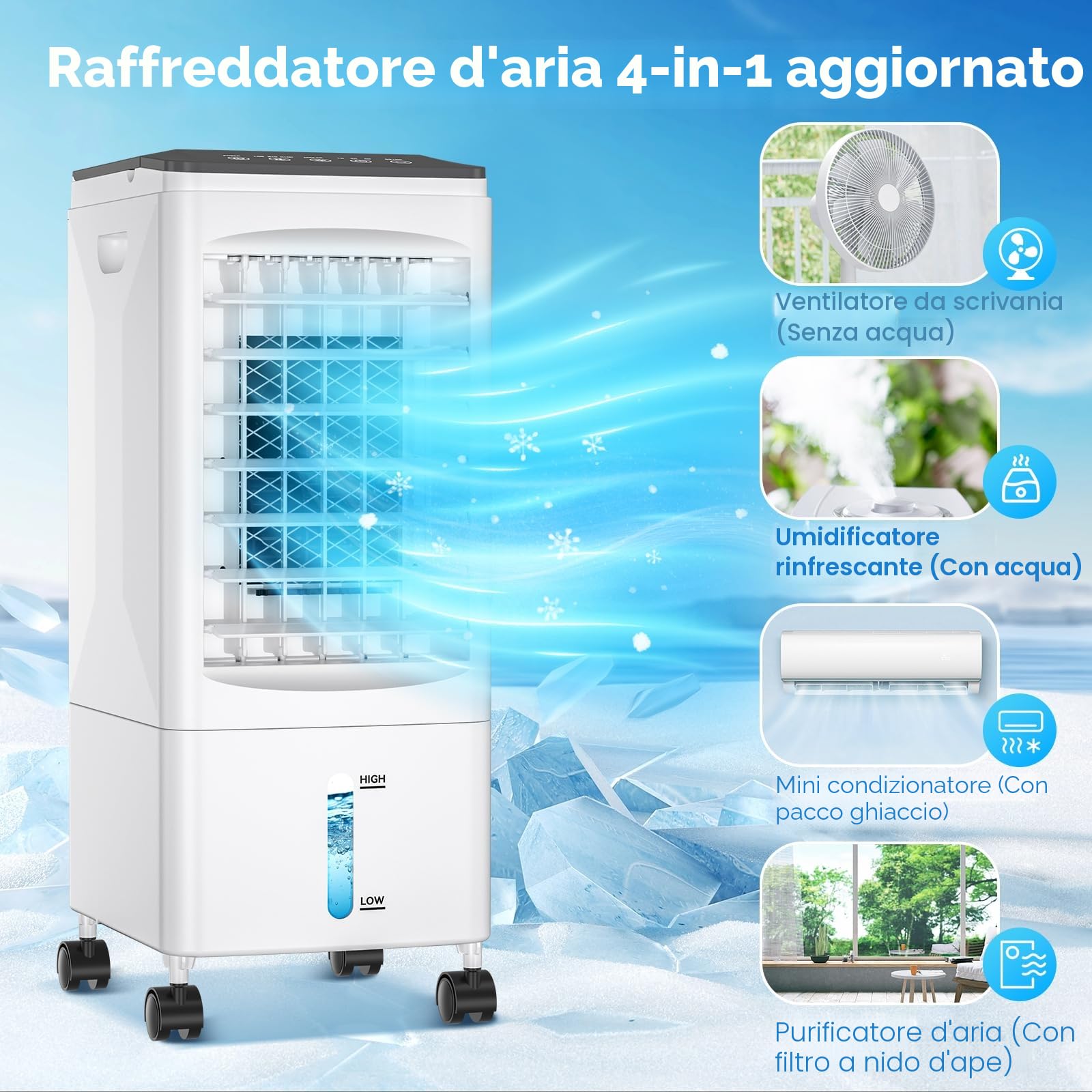 Condizionatore Portatile Hifetar, Raffreddatore d'aria 5.5L Senza Tubo, 4 in 1 Raffreddatore Evaporativo 60 W, Timer 1-7, 3 Velocità 2 Modalità, con Ruote, Telecomando per Casa Ufficio