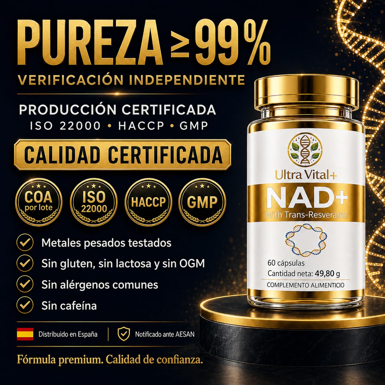 NAD Resveratrol Puro 1000 mg, NAD+ Trans-Resveratrol Sin Cafeína, 60 Cáps | NAD+ 1000 mg + Trans-Resveratrol 260 mg por dosis diaria. Pureza superior al 99%, analizada por lote. Marca española
