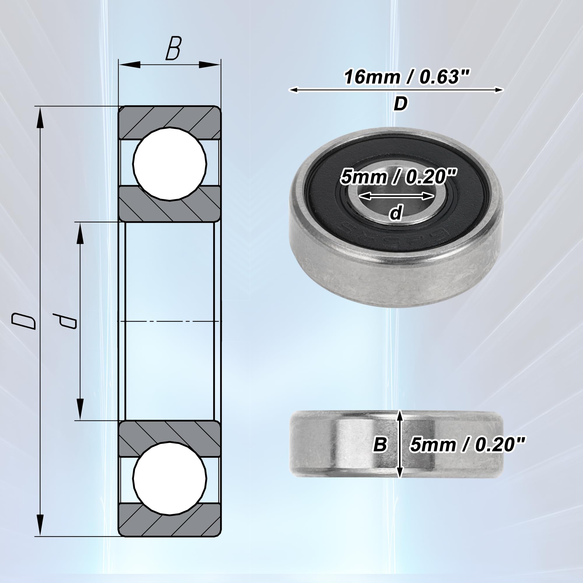 A ABSOPRO Rodamientos de bolas de ranura profunda P5, rodamientos lubricados, sello de goma, color negro y plateado, para patinete y monopatín. 5x16x5mm 625-rs