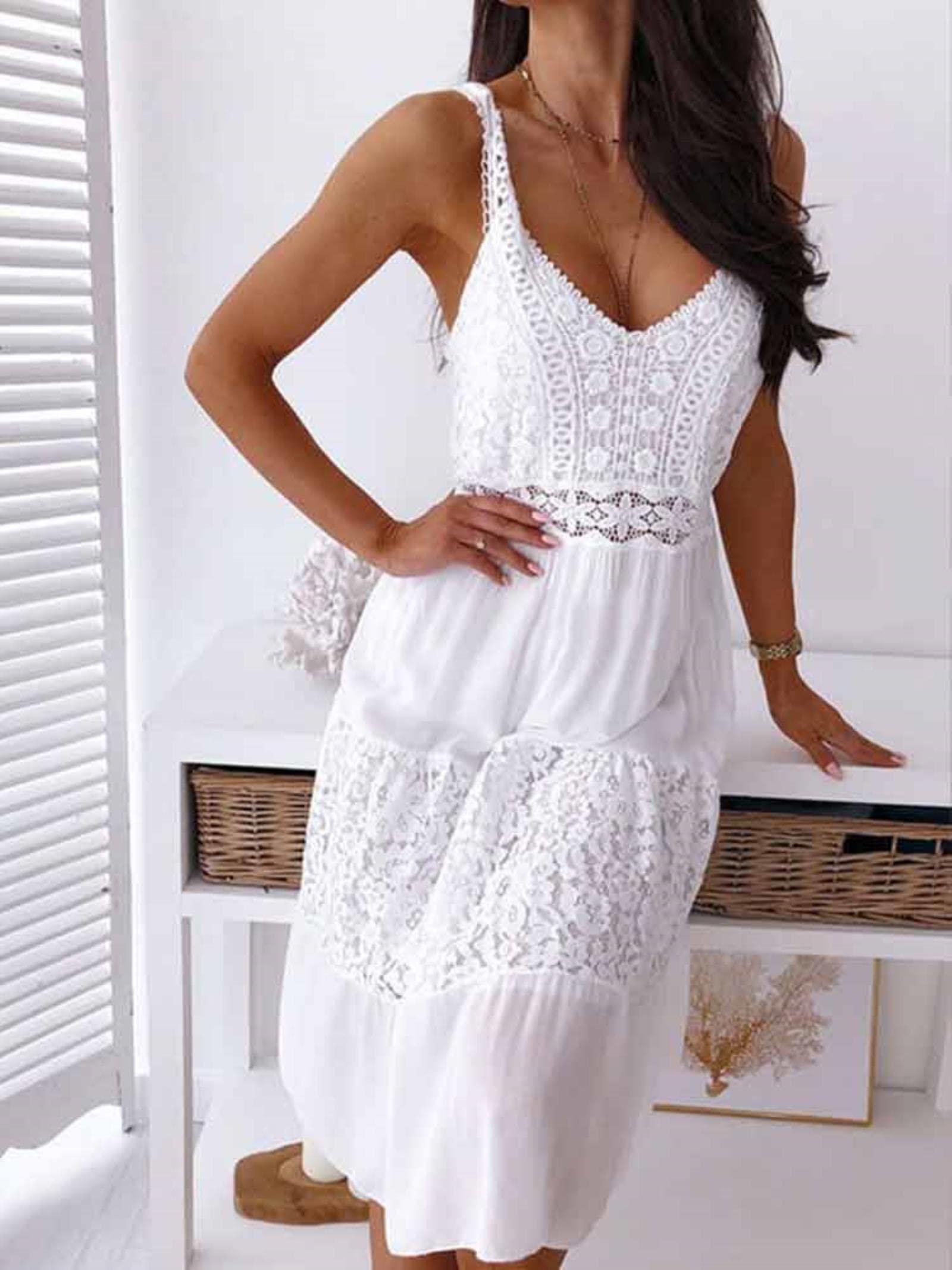 chinese dress ladies Jezebel White Lace Plunge-Neck Collared Midi Dress – Club L London main image 0