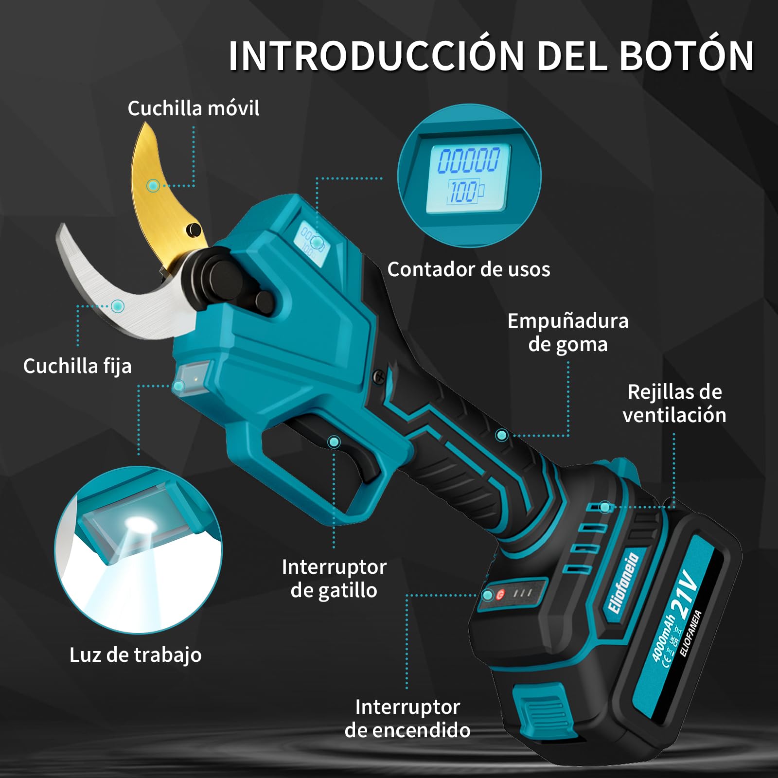 Tijeras de Podar Eléctricas.2baterías de litio 4000 mAh,Motor sin escobillas de 1000W,Ramas hasta 40mm,Cuchillas con Revestimiento de Titanio,Control Digital,Incluye Maletín y Accesorios